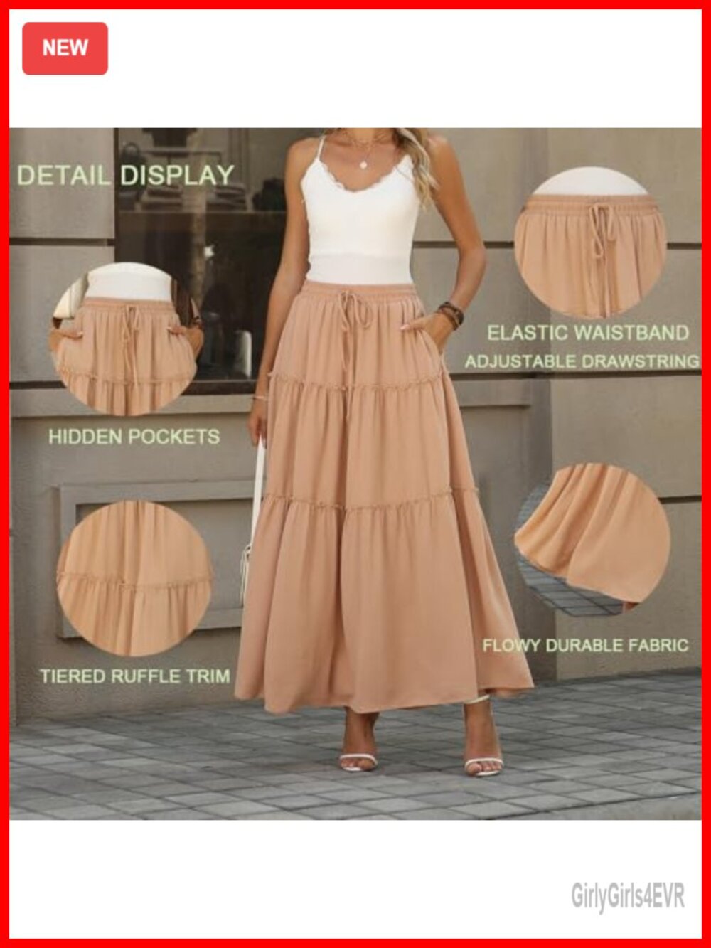 Women's Boho Maxi Skirt High Waist Tiered Ruffle Flowy Long Skirt with Pockets - Picture 4 of 6